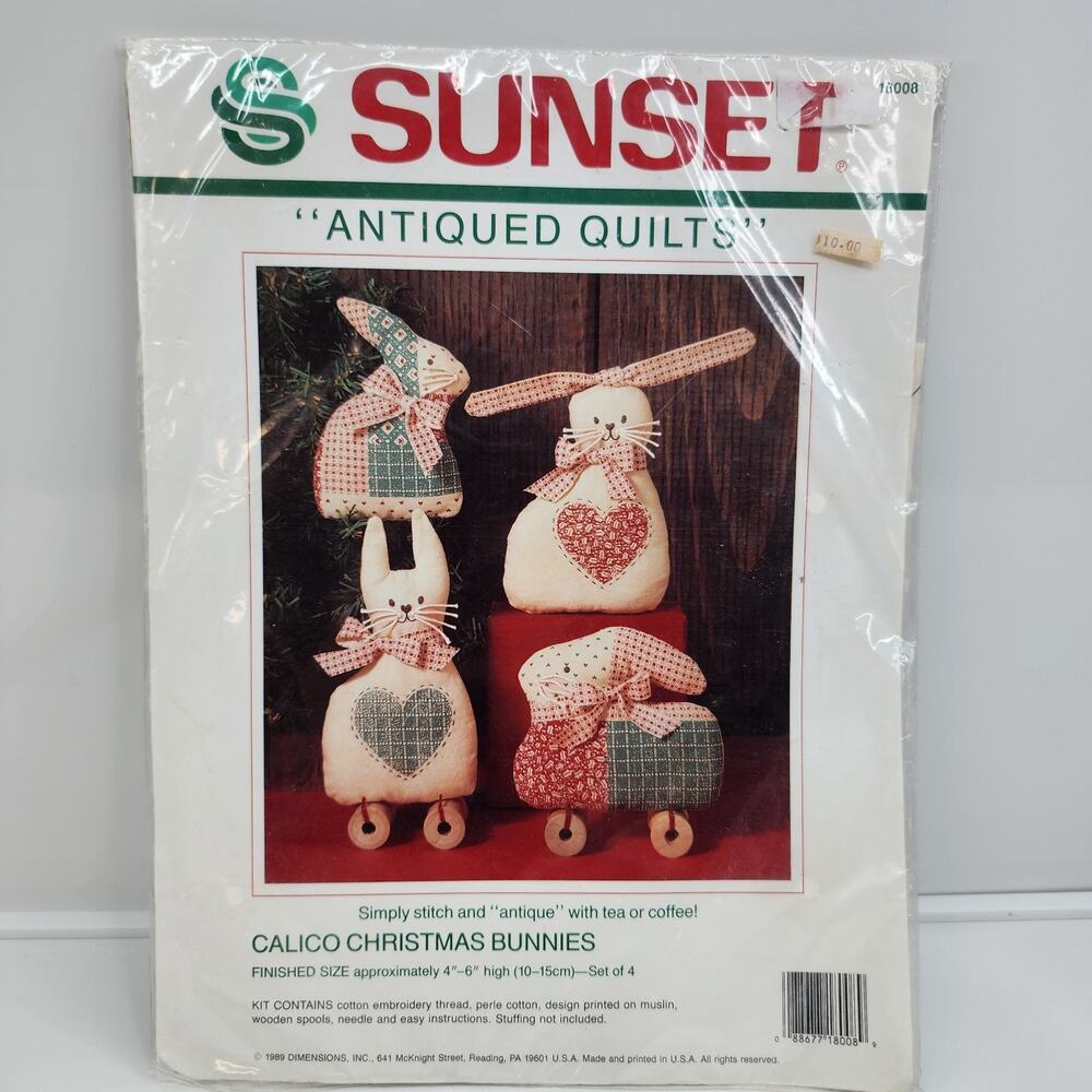 1989 Sunset Quilts Kit 18008 Calico Christmas Bunnies Ornaments Decor Vintage